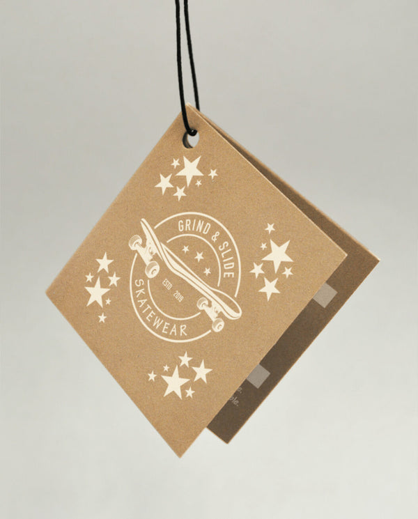 folded tag with string printed on brown kraft