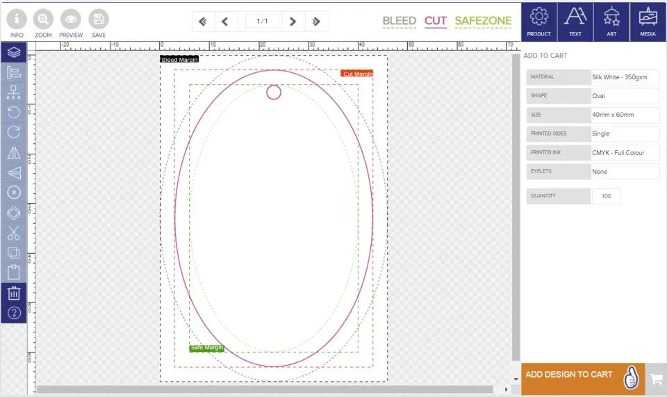 Online design tool interface showing oval tag template with bleed, cut, and safe zones for personalised product