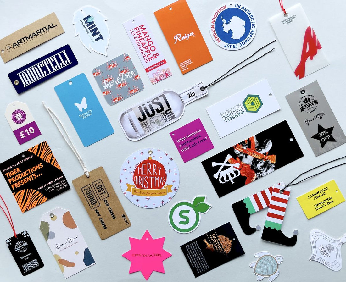A variety of custom printed swing tags in different shapes, sizes and materials