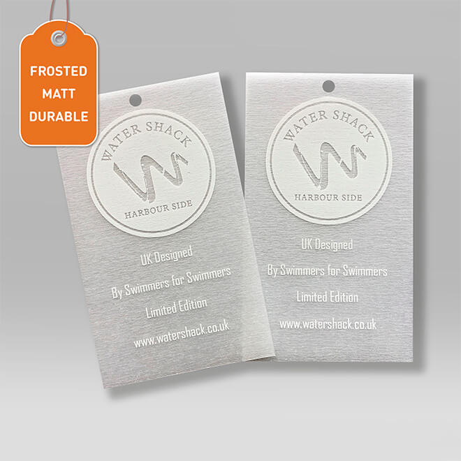 Frosted swing tags made from semi-transparent matt polyester film, tear-resistant and water-impermeable, available in 80gsm and 260gsm