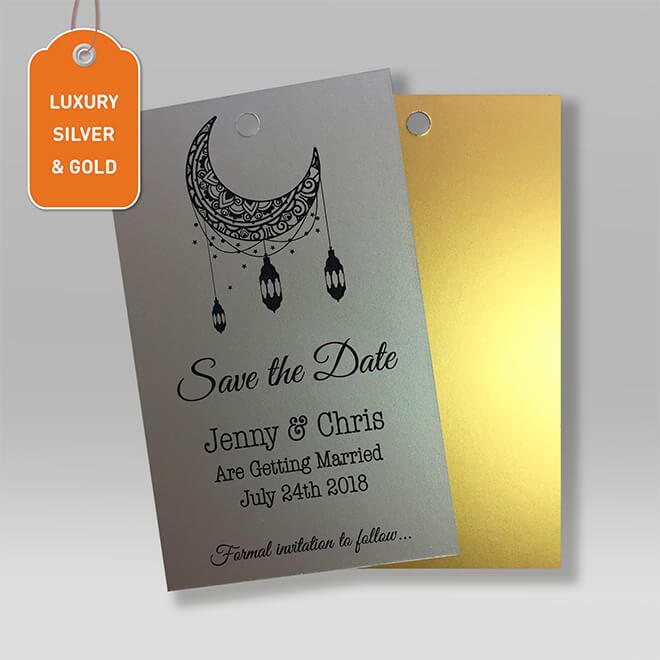 Metallic swing tags on 360gsm metallic coated board in gold and silver, with deep reflective shimmer and full-colour CMYK print quality