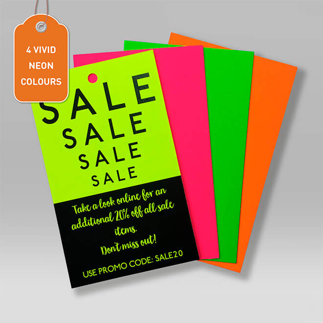 Neon swing tags on 260gsm fluorescent board in yellow, pink, green and orange, single-sided with white reverse, ideal for sale and warning labels