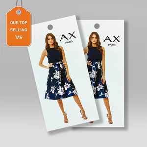 Two white swing tags featuring a woman wearing a navy floral midi dress, labelled as top selling tag