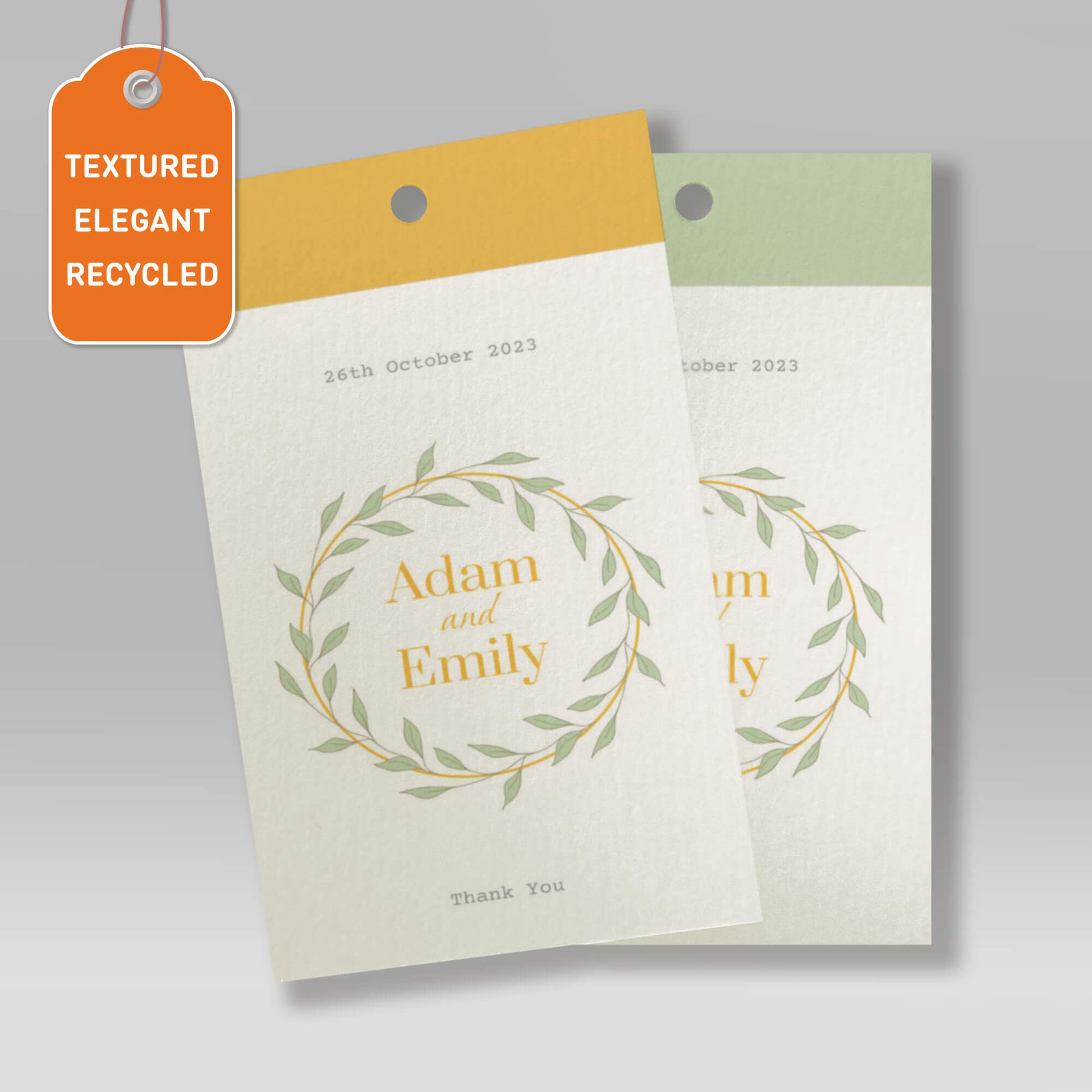 Elegant textured recycled swing tags with green leaf wreath and personal names, customised wedding thank you tags