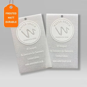 Frosted matt swing tags with durable finish featuring swimmer-themed branding and UK design text