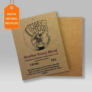 Rustic brown kraft swing tags featuring natural recycled paper with printed text and artwork for Heather Honey Mead