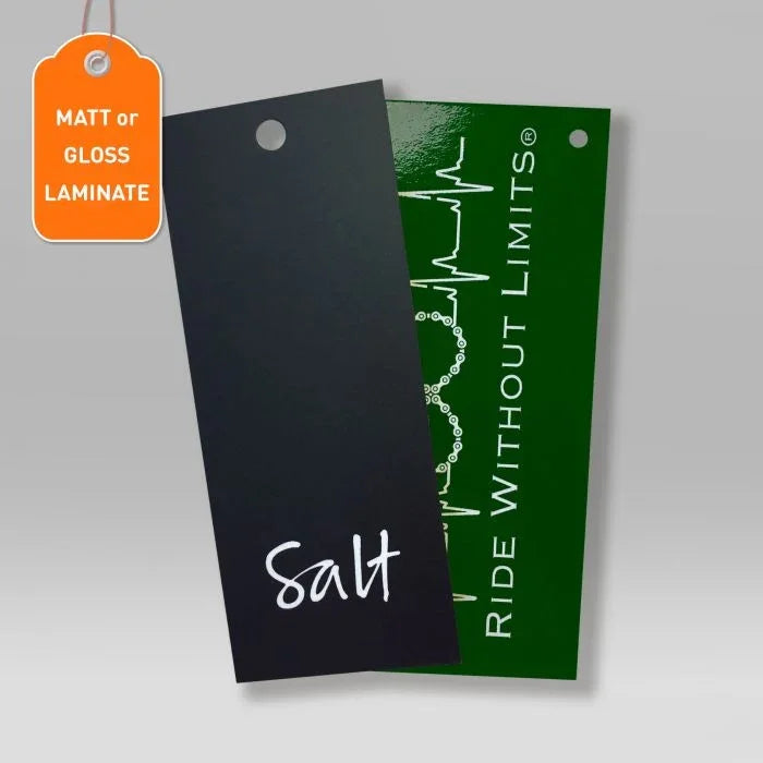 Black and green laminated swing tags with hole punch, featuring matt or gloss finish options