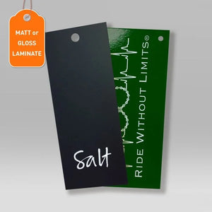 Black and green laminated swing tags with hole punch, featuring matt or gloss finish options