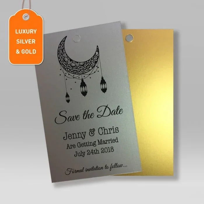 Luxury silver and gold metallic wedding save the date tags with moon design and personalised text