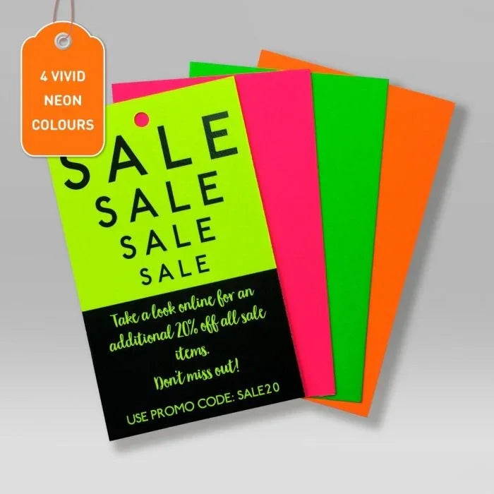 Neon sale swing tags in green, pink, orange, and green with 20% off promo code SALE20