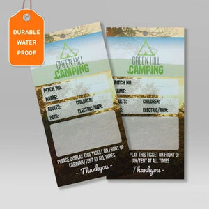 Durable waterproof camping pitch tags for caravan or tent with fields for name, adults, children, pets, and electric connections